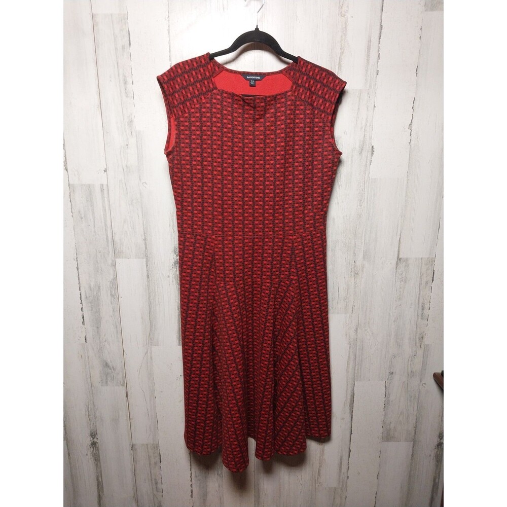 Lands End Ponte Knit Red Dress Size M 10/12 Cap Sleeve Pullover Geometric Print